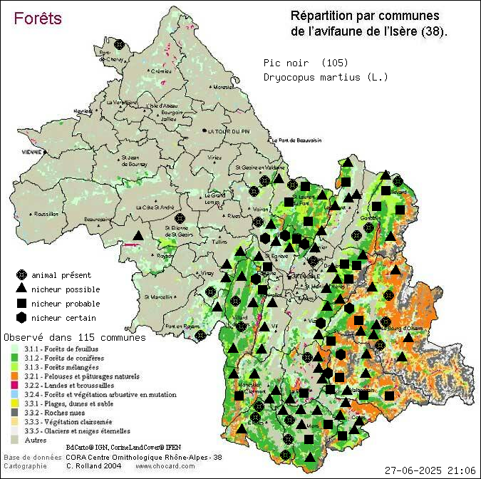 Carte de rpartition par communes en Isre d'une espce d'animal: Pic noir (Dryocopus martius (L.)) selon Forts