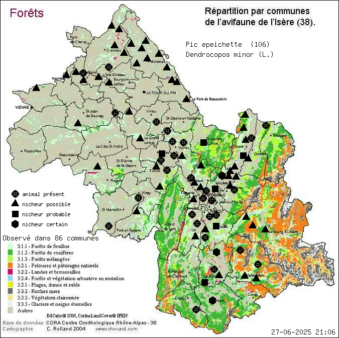 Carte de rpartition par communes en Isre d'une espce d'animal: Pic peichette (Dendrocopos minor (L.)) selon Forts