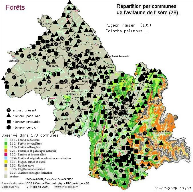 Pigeon ramier (Colomba palumbus L.): carte de rpartition en Isre