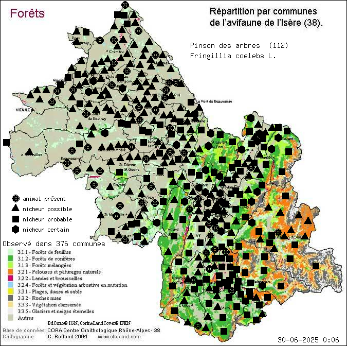Carte de rpartition par communes en Isre d'une espce d'animal: Pinson des arbres (Fringillia coelebs L.) selon Forts