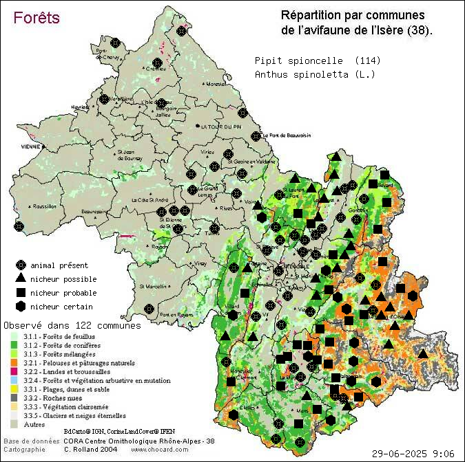 Pipit spioncelle (Anthus spinoletta (L.)): carte de rpartition en Isre