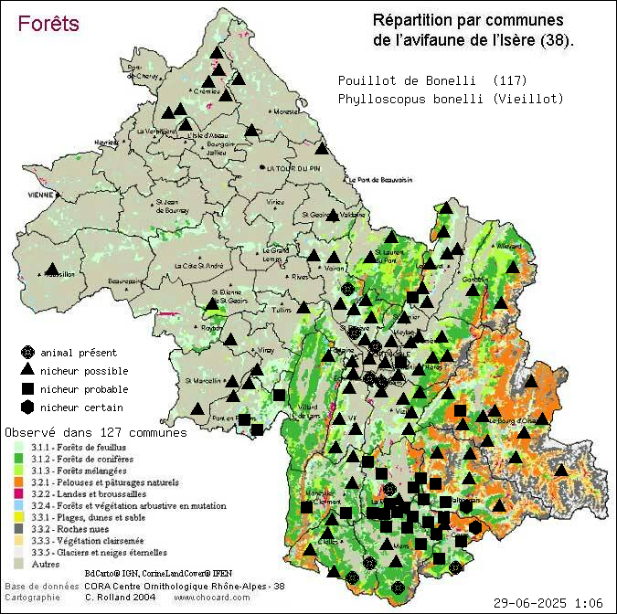 Carte de rpartition par communes en Isre d'une espce d'animal: Pouillot de Bonelli (Phylloscopus bonelli (Vieillot)) selon Forts