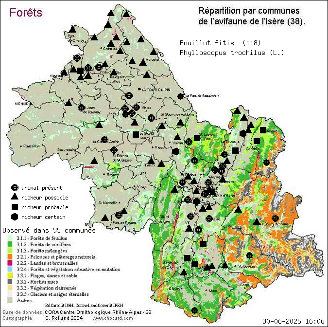 Carte de rpartition par communes en Isre d'une espce d'animal: Pouillot fitis (Phylloscopus trochilus (L.)) selon Forts