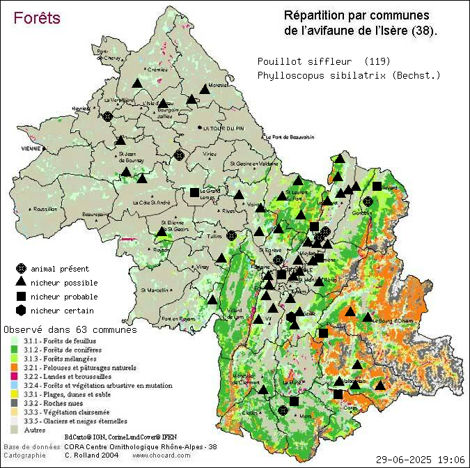 Pouillot siffleur (Phylloscopus sibilatrix (Bechst.)): carte de rpartition en Isre