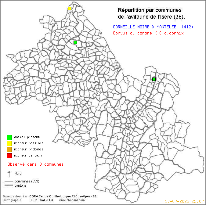 Carte de rpartition par communes en Isre d'une espce d'animal: CORNEILLE NOIRE X MANTELEE (Corvus c. corone X C.c.cornix) selon Communes et cantons