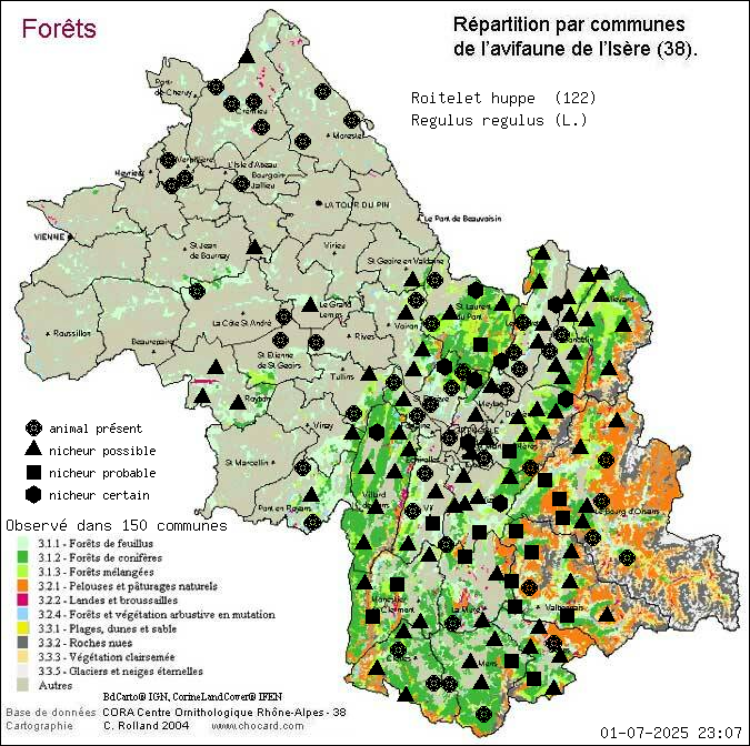 Roitelet hupp (Regulus regulus (L.)): carte de rpartition en Isre