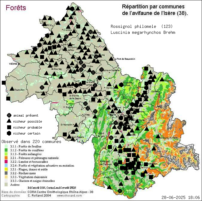 Rossignol philomle (Luscinia megarhynchos Brehm): carte de rpartition en Isre