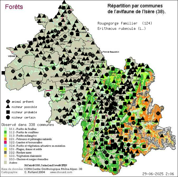 Rougegorge familier (Erithacus rubecula (L.)): carte de rpartition en Isre