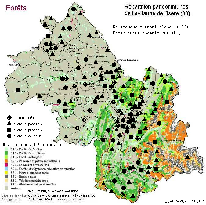 Rougequeue  front blanc (Phoenicurus phoenicurus (L.)): carte de rpartition en Isre