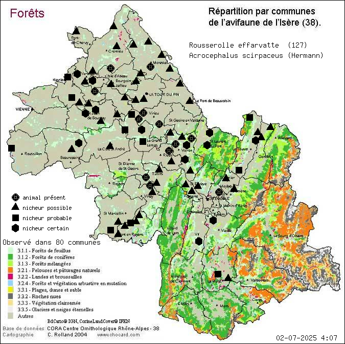 Carte de rpartition par communes en Isre d'une espce d'animal: Rousserolle effarvatte (Acrocephalus scirpaceus (Hermann)) selon Forts