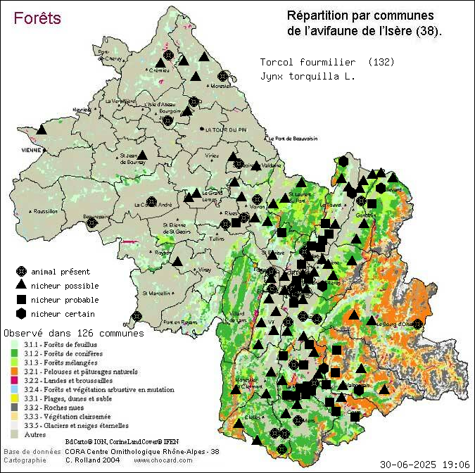 Carte de rpartition par communes en Isre d'une espce d'animal: Torcol fourmilier (Jynx torquilla L.) selon Forts