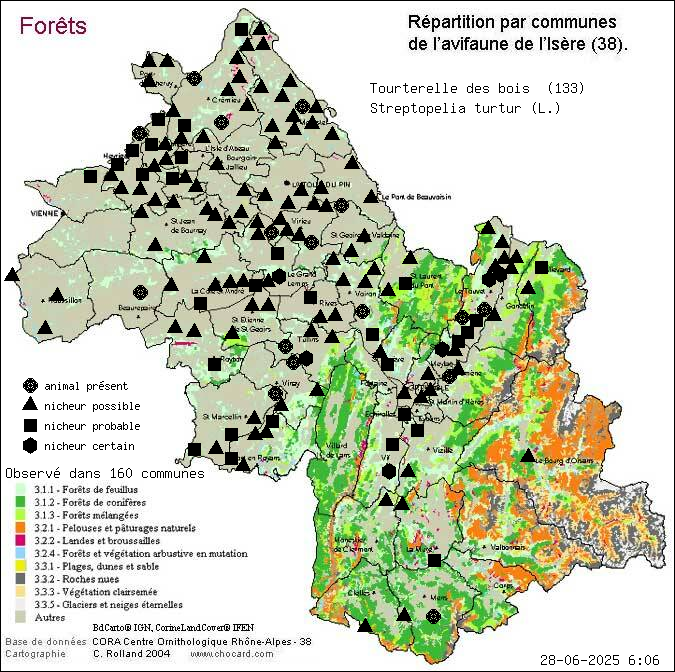 Carte de rpartition par communes en Isre d'une espce d'animal: Tourterelle des bois (Streptopelia turtur (L.)) selon Forts