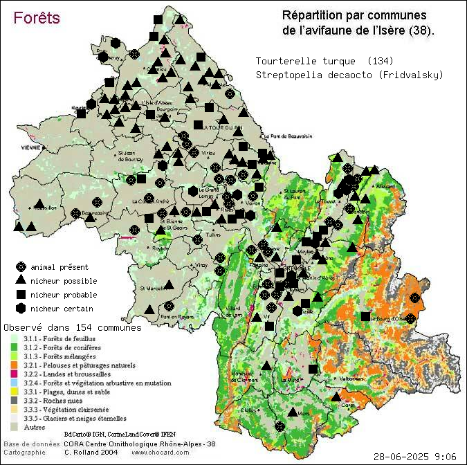 Tourterelle turque (Streptopelia decaocto (Fridvalsky)): carte de rpartition en Isre