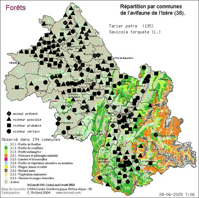 Tarier ptre (Saxicola torquata (L.)): carte de rpartition en Isre