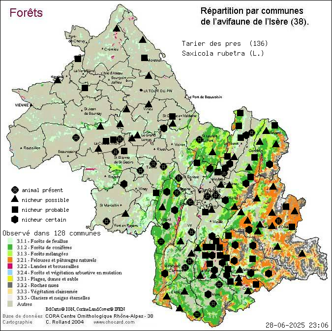 Tarier des prs (Saxicola rubetra (L.)): carte de rpartition en Isre