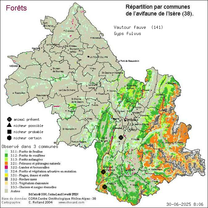 Vautour fauve (Gyps fulvus): carte de rpartition en Isre