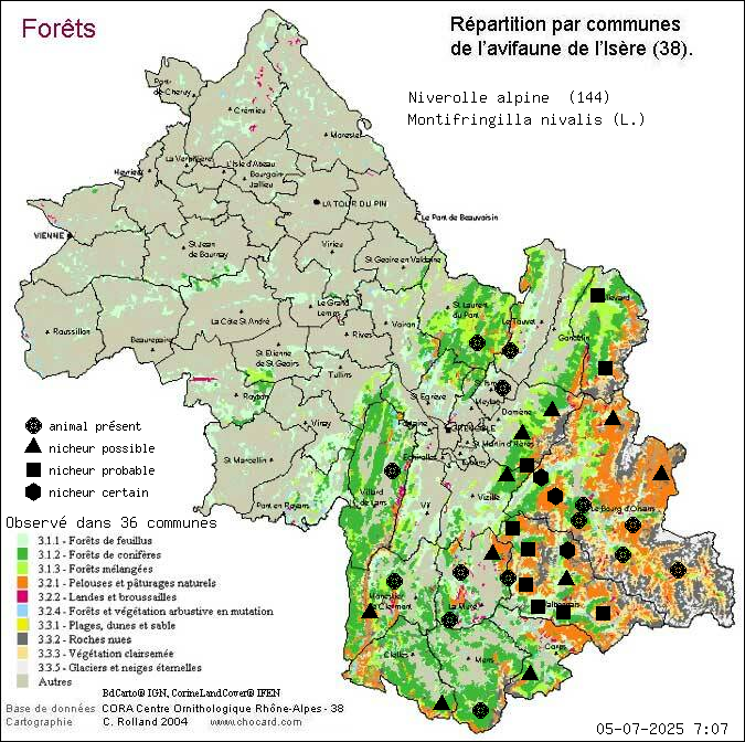 Carte de rpartition par communes en Isre d'une espce d'animal: Niverolle alpine (Montifringilla nivalis (L.)) selon Forts