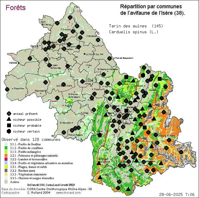 Tarin des aulnes (Carduelis spinus (L.)): carte de rpartition en Isre