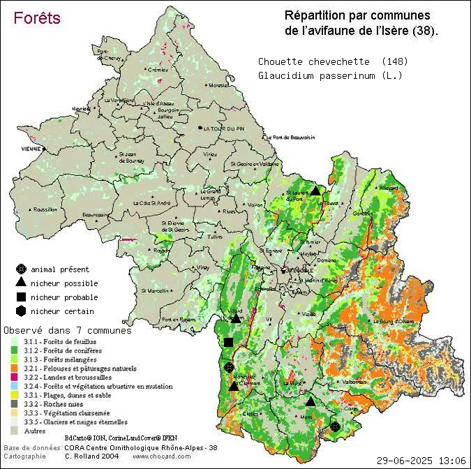 Chouette chevchette (Glaucidium passerinum (L.)): carte de rpartition en Isre