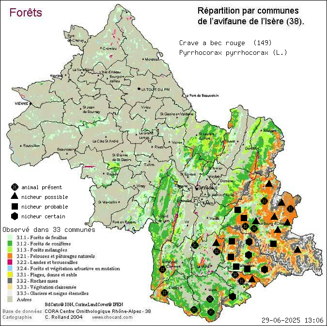 Carte de rpartition par communes en Isre d'une espce d'animal: Crave  bec rouge (Pyrrhocorax pyrrhocorax (L.)) selon Forts