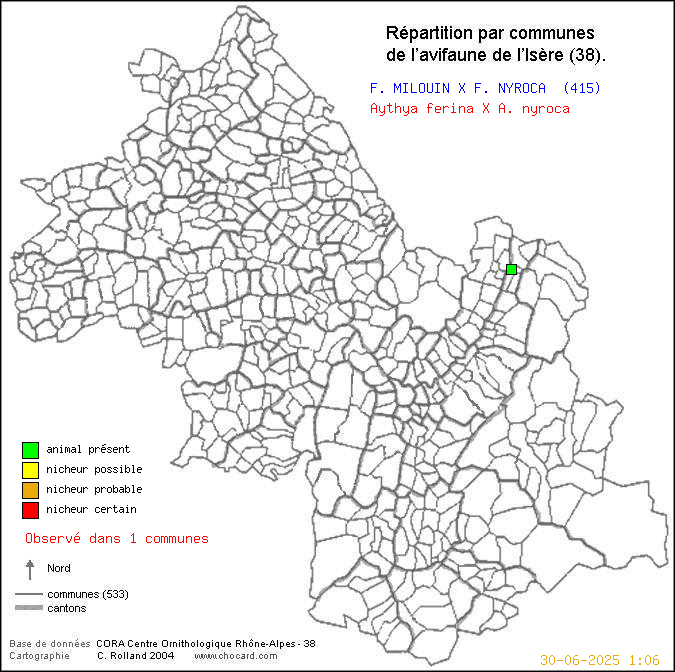 Carte de rpartition par communes en Isre d'une espce d'animal: F. MILOUIN X F. NYROCA (Aythya ferina X A. nyroca) selon Communes et cantons