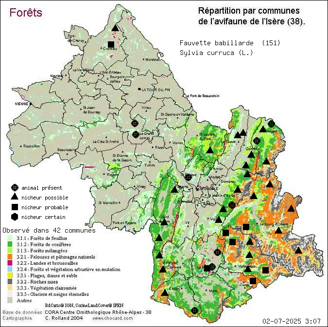 Fauvette babillarde (Sylvia curruca (L.)): carte de rpartition en Isre