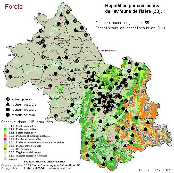 Carte de rpartition par communes en Isre d'une espce d'animal: Grosbec casse-noyaux (Coccothraustes coccothraustes (L.)) selon Forts