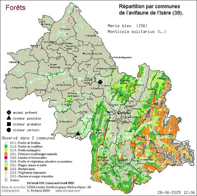 Merle bleu (Monticola solitarius (L.)): carte de rpartition en Isre