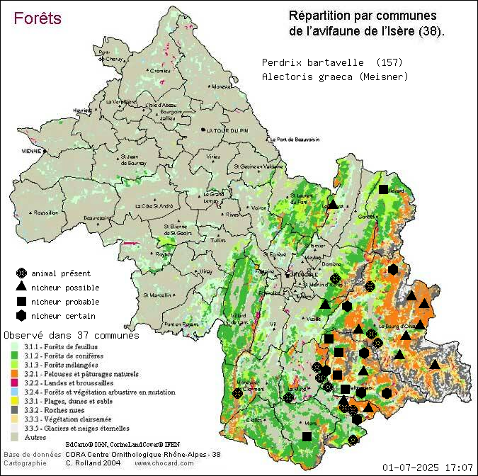 Carte de rpartition par communes en Isre d'une espce d'animal: Perdrix bartavelle (Alectoris graeca (Meisner)) selon Forts