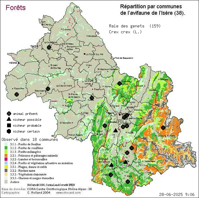 Rle des gents (Crex crex (L.)): carte de rpartition en Isre