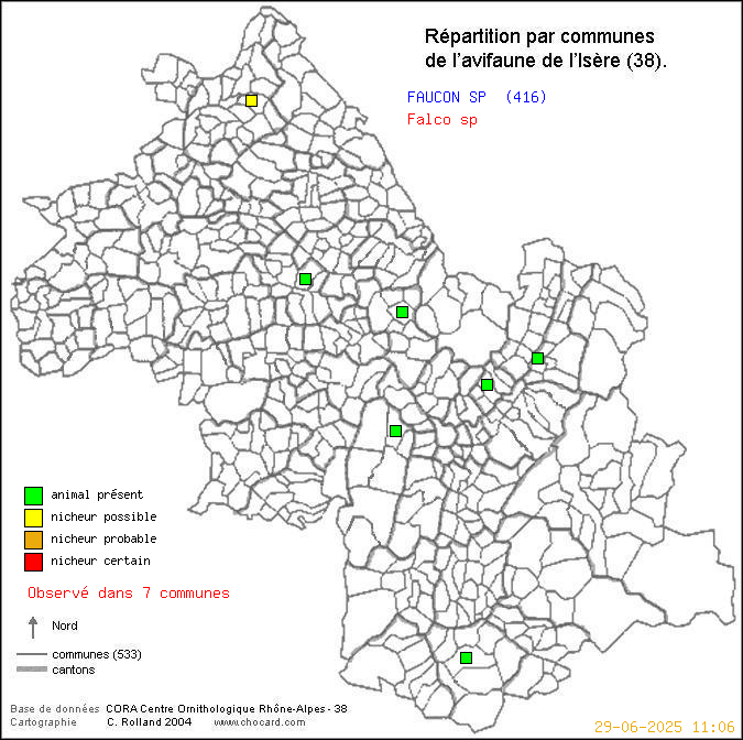 Carte de rpartition par communes en Isre d'une espce d'animal: FAUCON SP (Falco sp) selon Communes et cantons