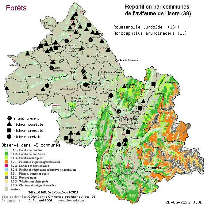 Rousserolle turdode (Acrocephalus arundinaceus (L.)): carte de rpartition en Isre