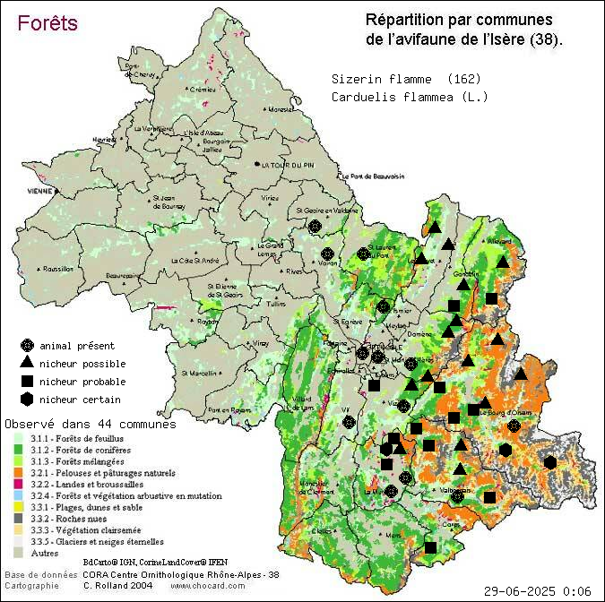 Sizerin flamm (Carduelis flammea (L.)): carte de rpartition en Isre