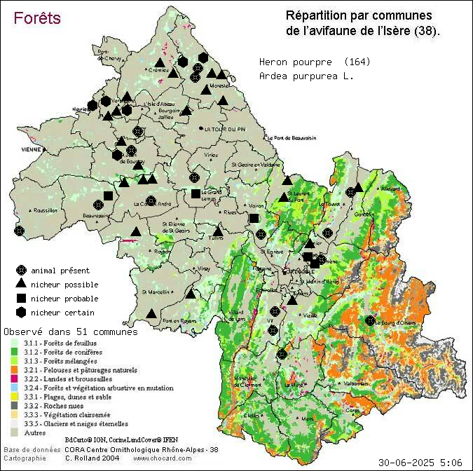 Carte de rpartition par communes en Isre d'une espce d'animal: Hron pourpr (Ardea purpurea L.) selon Forts