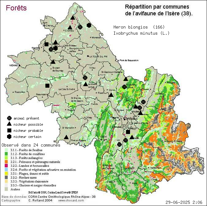 Carte de rpartition par communes en Isre d'une espce d'animal: Hron blongios (Ixobrychus minutus (L.)) selon Forts