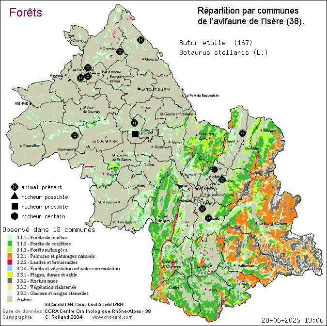 Butor toil (Botaurus stellaris (L.)): carte de rpartition en Isre