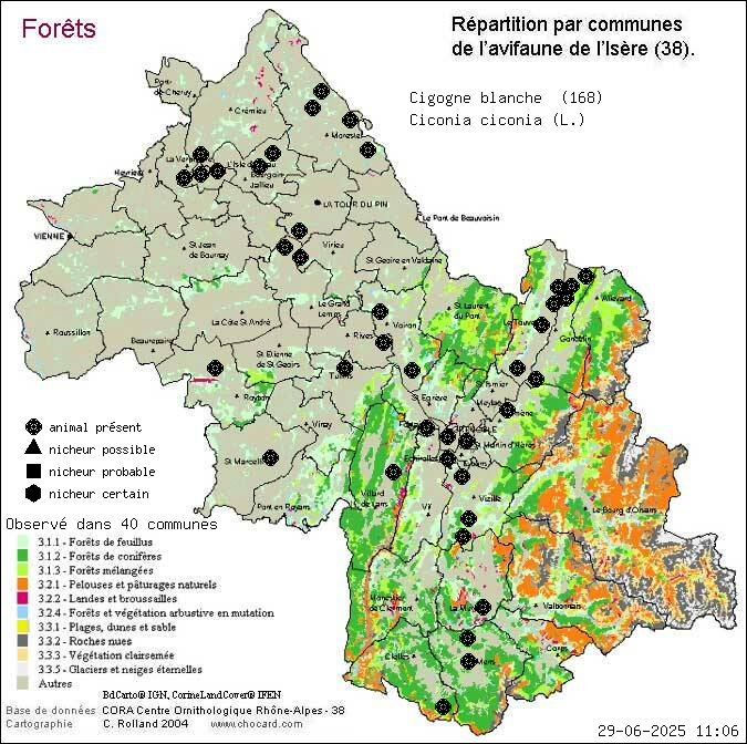 Cigogne blanche (Ciconia ciconia (L.)): carte de rpartition en Isre