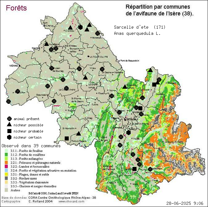 Sarcelle d t (Anas querquedula L.): carte de rpartition en Isre