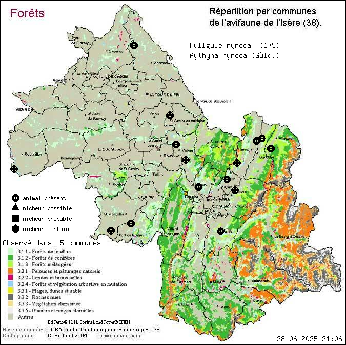 Fuligule nyroca (Aythyna nyroca (Gld.)): carte de rpartition en Isre