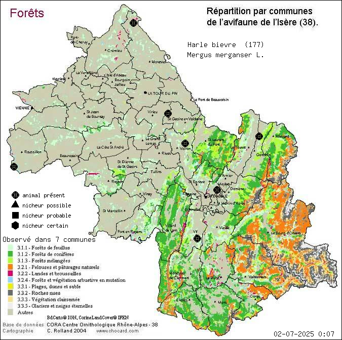 Carte de rpartition par communes en Isre d'une espce d'animal: Harle bivre (Mergus merganser L.) selon Forts