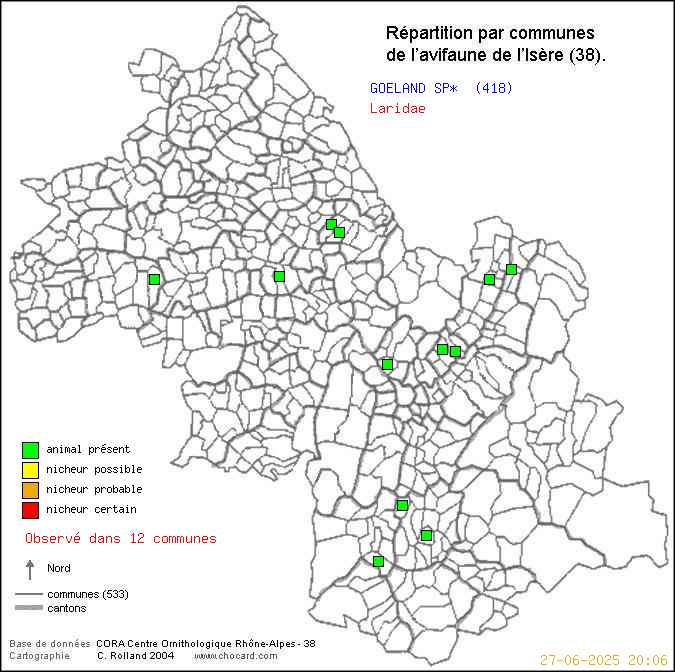 Carte de rpartition par communes en Isre d'une espce d'animal: GOELAND SP* (Laridae) selon Communes et cantons