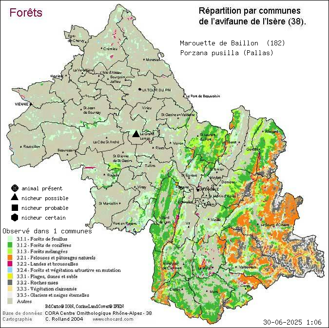 Marouette de Baillon (Porzana pusilla (Pallas)): carte de rpartition en Isre