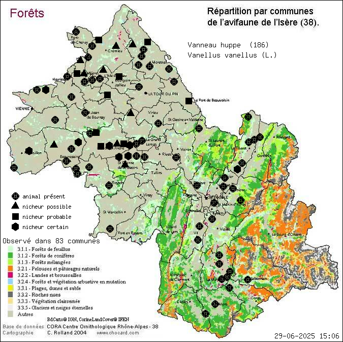 Vanneau hupp (Vanellus vanellus (L.)): carte de rpartition en Isre