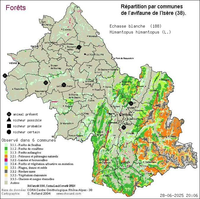 Echasse blanche (Himantopus himantopus (L.)): carte de rpartition en Isre
