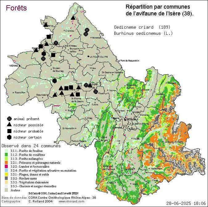 Carte de rpartition par communes en Isre d'une espce d'animal: Oedicnme criard (Burhinus oedicnemus (L.)) selon Forts