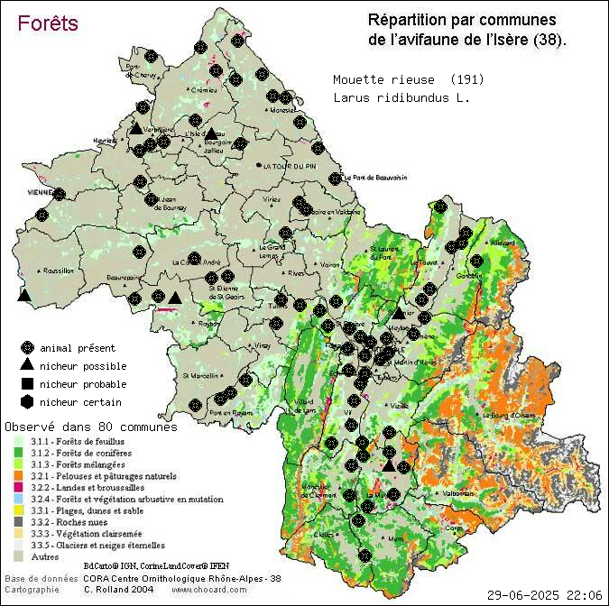 Mouette rieuse (Larus ridibundus L.): carte de rpartition en Isre