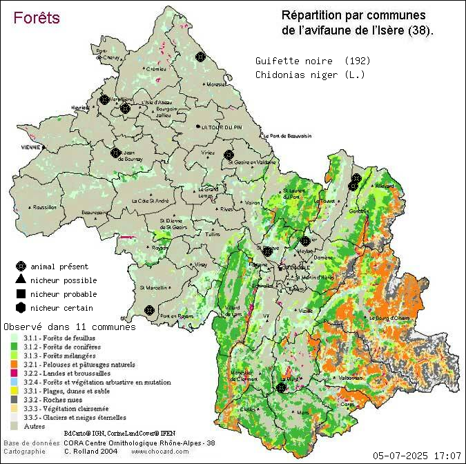 Carte de rpartition par communes en Isre d'une espce d'animal: Guifette noire (Chidonias niger (L.)) selon Forts