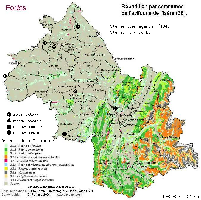 Sterne pierregarin (Sterna hirundo L.): carte de rpartition en Isre