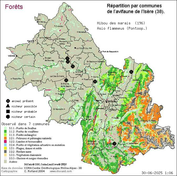 Carte de rpartition par communes en Isre d'une espce d'animal: Hibou des marais (Asio flammeus (Pontoop.)) selon Forts