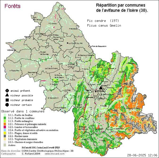 Carte de rpartition par communes en Isre d'une espce d'animal: Pic cendr (Picus canus Gmelin) selon Forts